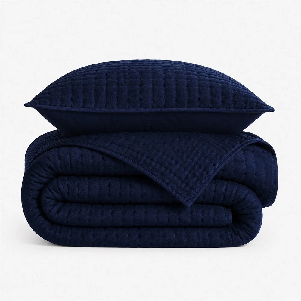 NEW Quince Hand Stitched Linen Cotton Quilt Set Twin Size Navy Blue Bedding 2pc